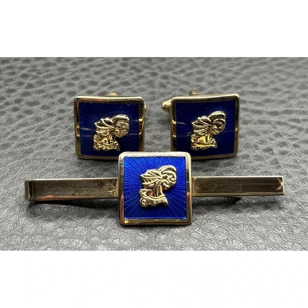 Vintage Knight Heraldic Soldier Blue Guilloche Enamel Cufflinks Tie Clip Set